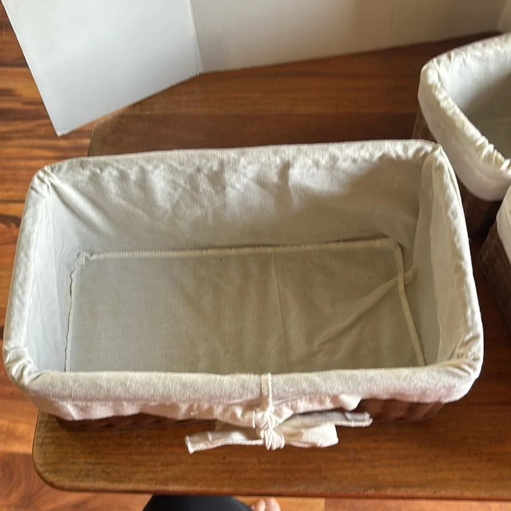 1990’s nesting set of 3 brown wicker with linen look liners storage baskets - Picture 6 of 11